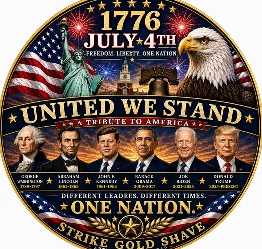 Strike Gold Shave 1776 soap label featuring the Statue of Liberty, an American eagle, UNITED WE STAND, and six presidents from Washington to Trump with their names and terms