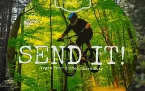 Label art for Subtle Art Soap's SEND IT!, a mountain biking-inspired limited summer soap