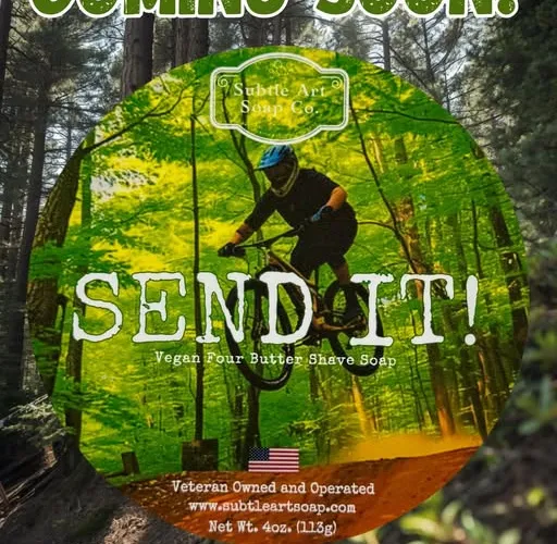 Label art for Subtle Art Soap's SEND IT!, a mountain biking-inspired limited summer soap