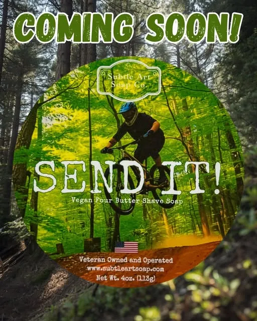 Label art for Subtle Art Soap's SEND IT!, a mountain biking-inspired limited summer soap