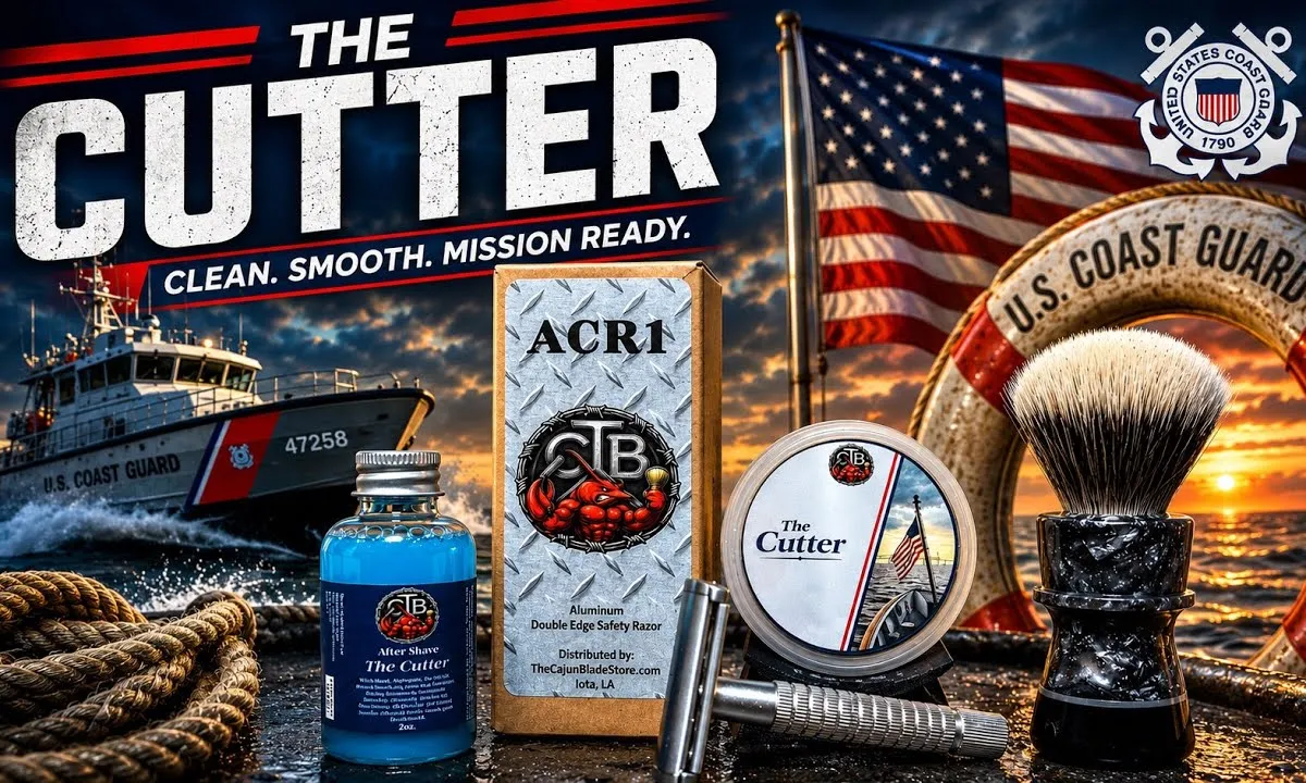 Long Island Shaving YouTube thumbnail for the Cajun Blade ACR1 safety razor and The Cutter Coast Guard tribute soap review