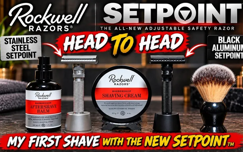 Rockwell SETPOINT adjustable safety razor, stainless steel and black aluminum versions side by side