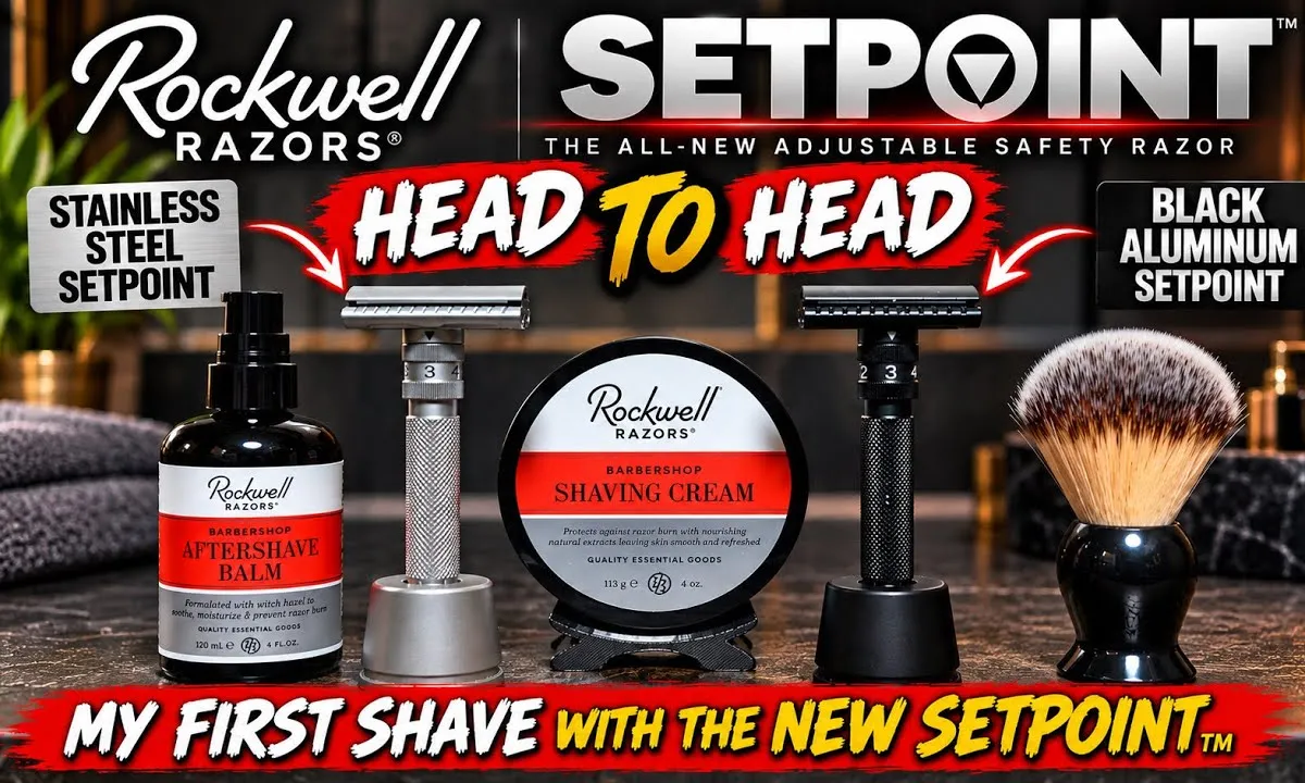 Rockwell SETPOINT adjustable safety razor, stainless steel and black aluminum versions side by side