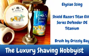Video thumbnail for Elysian Icing soap and splash review with Shield Titan Elite Defender titanium razor and Grizzly Bay brush