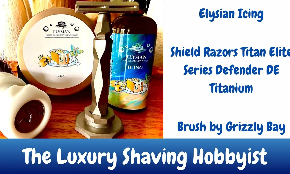 Video thumbnail for Elysian Icing soap and splash review with Shield Titan Elite Defender titanium razor and Grizzly Bay brush