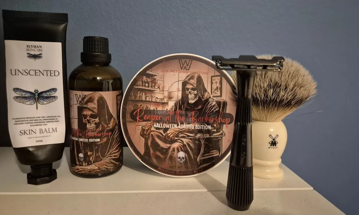 Thumbnail for a wet shaving video featuring Elysian's Reaper at the Barbershop soap and the Leaf Twig razor