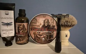 Thumbnail for a wet shaving video featuring Elysian's Reaper at the Barbershop soap and the Leaf Twig razor