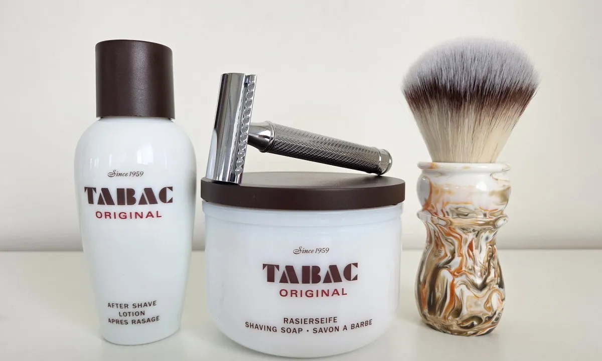TABAC Original shave soap in white porcelain bowl with Muhle R89 razor and TABAC aftershave lotion