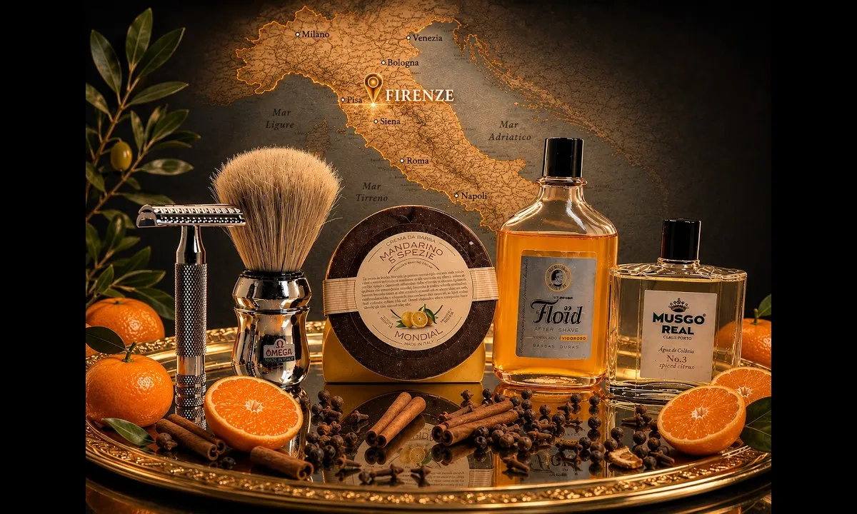 Deacon Gene presenting his Italian Shave Wednesday shave kit: Mondial 1908 Mandarino e Spezie, Floïd The Original Aftershave, and Claus Porto Musgo Real No. 3