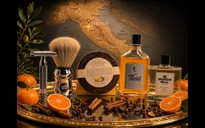 Deacon Gene presenting his Italian Shave Wednesday shave kit: Mondial 1908 Mandarino e Spezie, Floïd The Original Aftershave, and Claus Porto Musgo Real No. 3