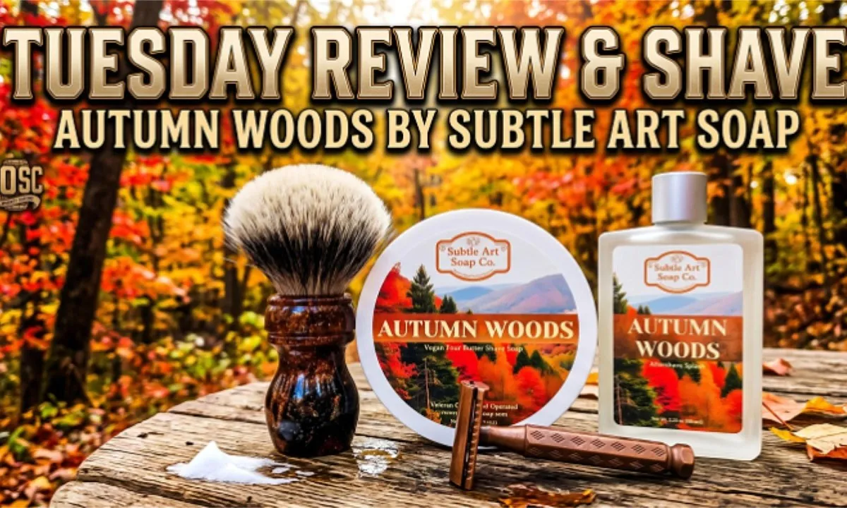 YouTube thumbnail for the Autumn Woods review and shave video by 10SC Whiskey Shaving