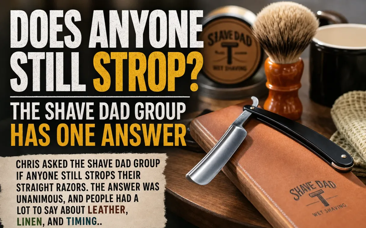 Leather strop hanging alongside a straight razor on a wooden surface, the standard setup for maintaining a razor's edge between honing sessions