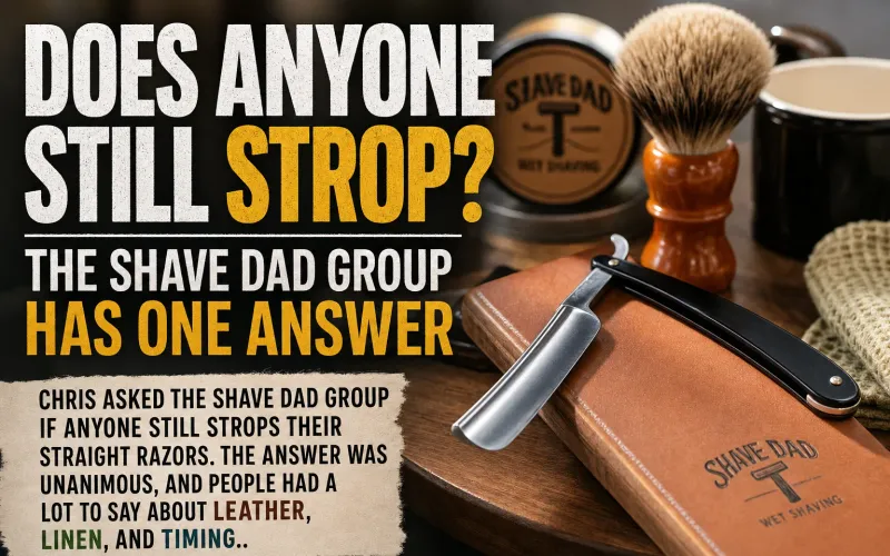 Leather strop hanging alongside a straight razor on a wooden surface, the standard setup for maintaining a razor's edge between honing sessions