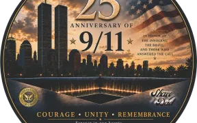 Circular soap label for the 9/11 25th Anniversary Tunnels to Towers shave soap, the Twin Towers skyline at dusk over the memorial reflecting pool with an American flag, reading We Will Never Forget, 2001 to 2026, 25th Anniversary of 9/11, In Honor of the Innocent, the Brave, and Those Who Answered the Call, Courage Unity Remembrance, with the Strike Gold Shave seal and Shave Dad logo