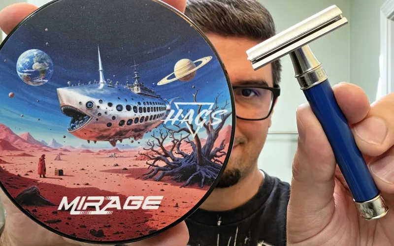 HAGS Mirage soap and splash set next to the Edwin Jagger 3One6 razor in blue resin