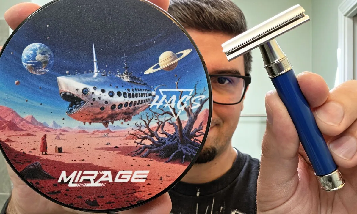 HAGS Mirage soap and splash set next to the Edwin Jagger 3One6 razor in blue resin