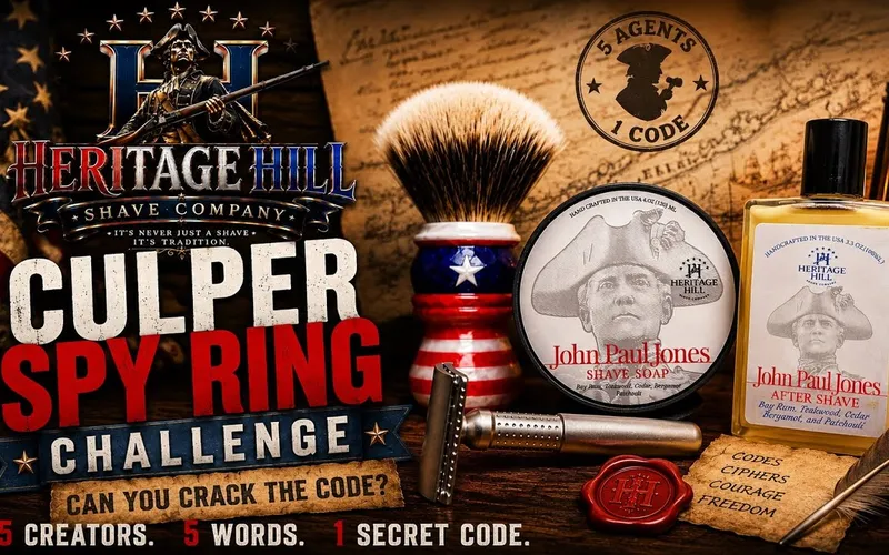 Mike from Long Island Shaving with the Heritage Hill John Paul Jones soap and splash set, kicking off the Culper Spy Ring Cipher Challenge