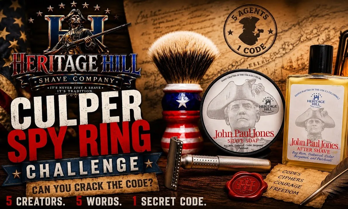 Mike from Long Island Shaving with the Heritage Hill John Paul Jones soap and splash set, kicking off the Culper Spy Ring Cipher Challenge