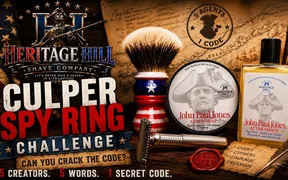 Mike from Long Island Shaving with the Heritage Hill John Paul Jones soap and splash set, kicking off the Culper Spy Ring Cipher Challenge