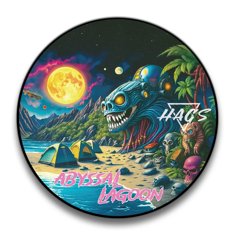 HAGS Abyssal Lagoon shaving soap label, a surreal moonlit shoreline with glowing moons, coconut trees, tents, skulls, and a sea creature beneath the water