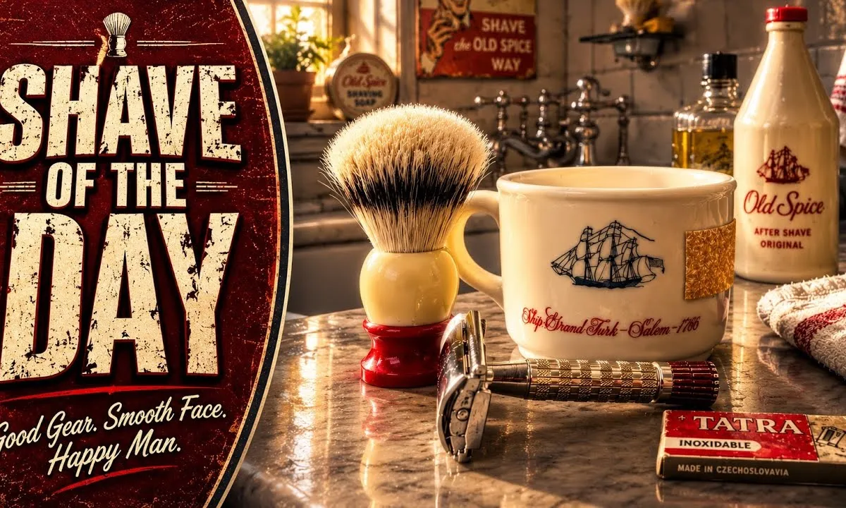 Thumbnail for Mully's 1-week same-setup challenge: vintage Old Spice soap, Ever-Ready boar brush, 1959 Gillette Red Tip, and Tatra Red blade