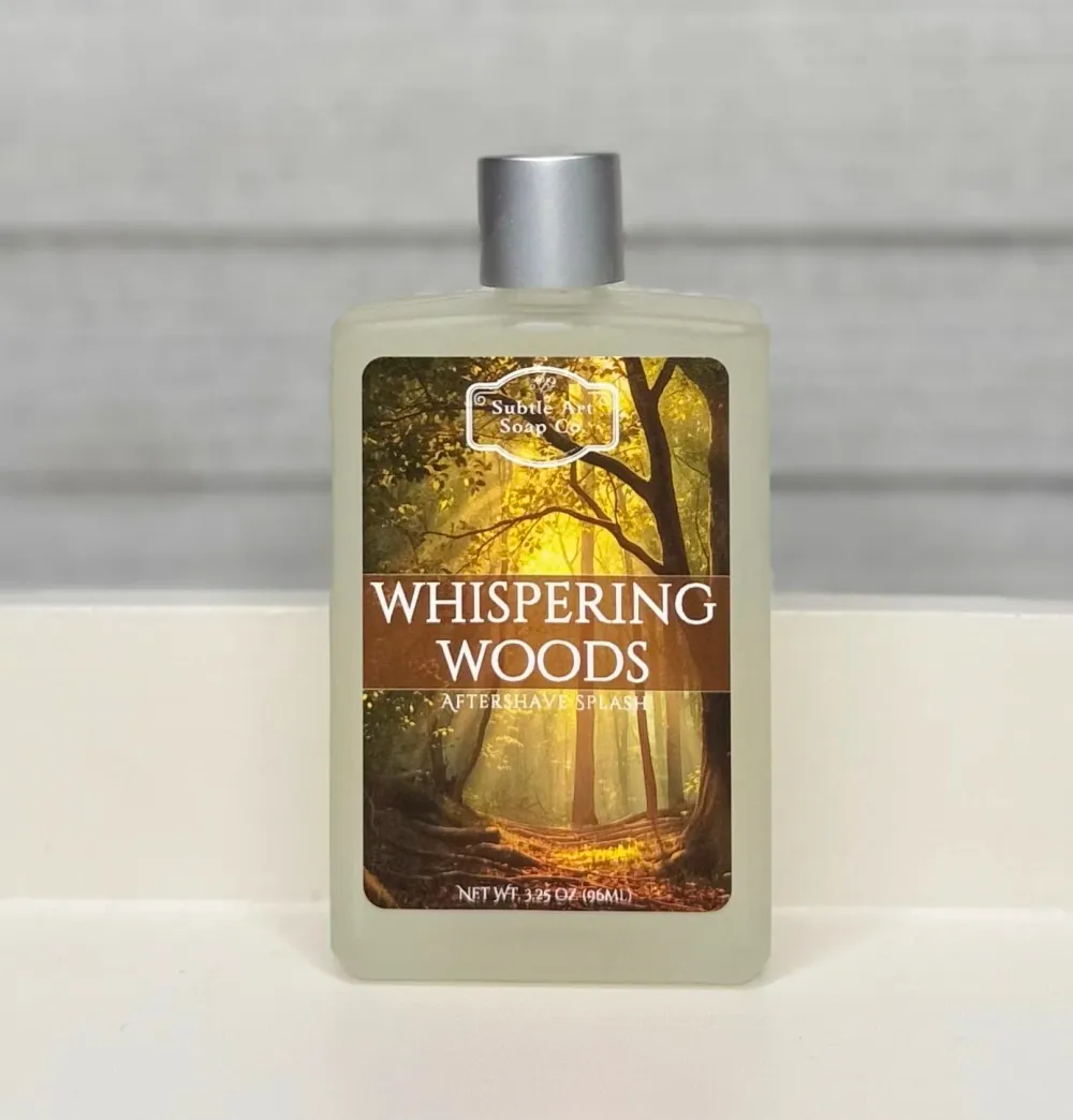 Subtle Art Soap Co. Whispering Woods aftershave splash bottle