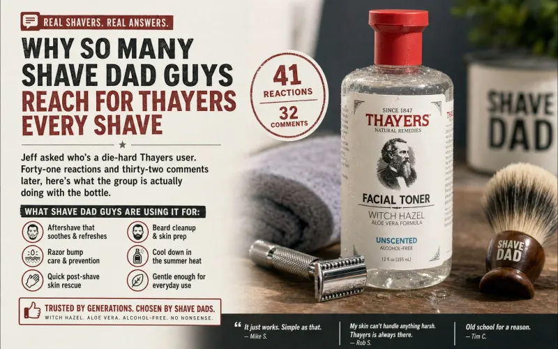 A bottle of Thayers witch hazel toner on a bathroom counter next to a razor and shaving brush.