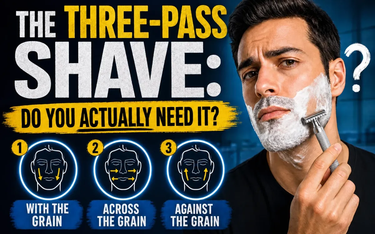 Man with dark hair and shaving cream on his cheek holding a chrome double-edge safety razor at his jawline, dark navy background, THE THREE-PASS SHAVE headline in white and yellow block letters with DO YOU ACTUALLY NEED IT below, three numbered face diagrams showing WITH THE GRAIN, ACROSS THE GRAIN, AGAINST THE GRAIN directions along the bottom