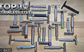 Tobin Fetters presenting his top 10 stainless steel safety razors arranged on a table