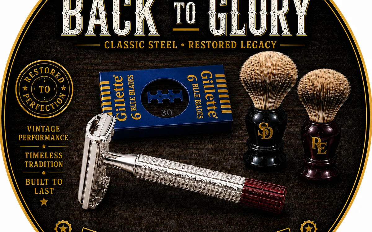 Back to Glory premium shaving soap label, Shave Dad x Razor Emporium collab, with vintage DE razor, Gillette blue blades, and matching Shave Dad and Razor Emporium silvertip brushes