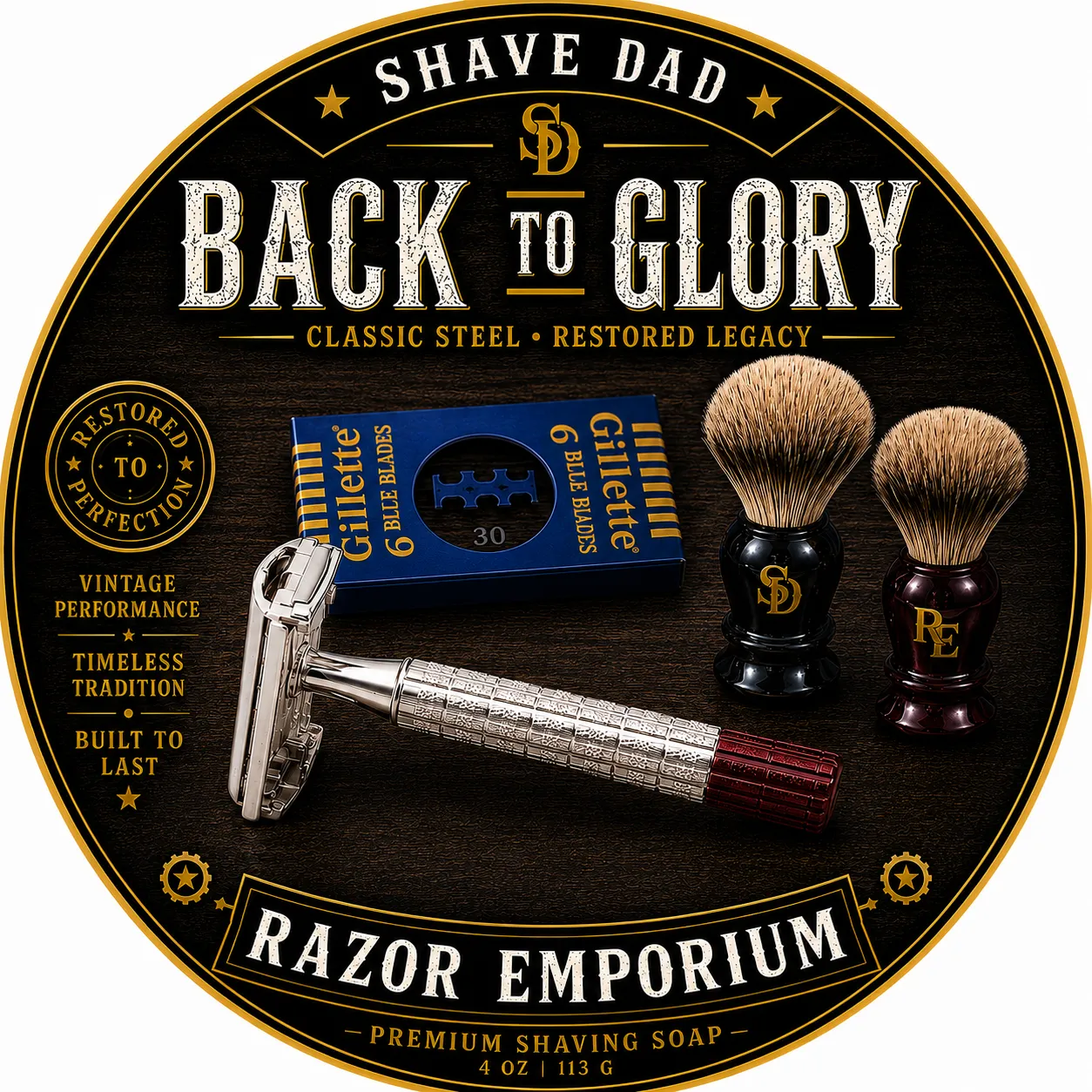 Back to Glory premium shaving soap label, Shave Dad x Razor Emporium collab, with vintage DE razor, Gillette blue blades, and matching Shave Dad and Razor Emporium silvertip brushes
