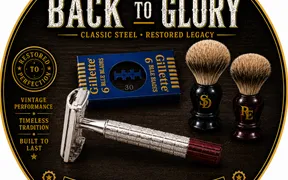 Back to Glory premium shaving soap label, Shave Dad x Razor Emporium collab, with vintage DE razor, Gillette blue blades, and matching Shave Dad and Razor Emporium silvertip brushes
