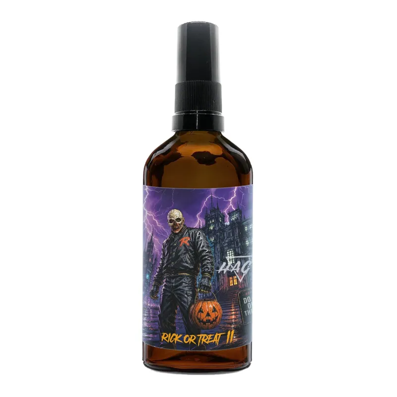 HAGS Rick Or Treat II moisturizing balm, amber pump bottle with the Halloween label
