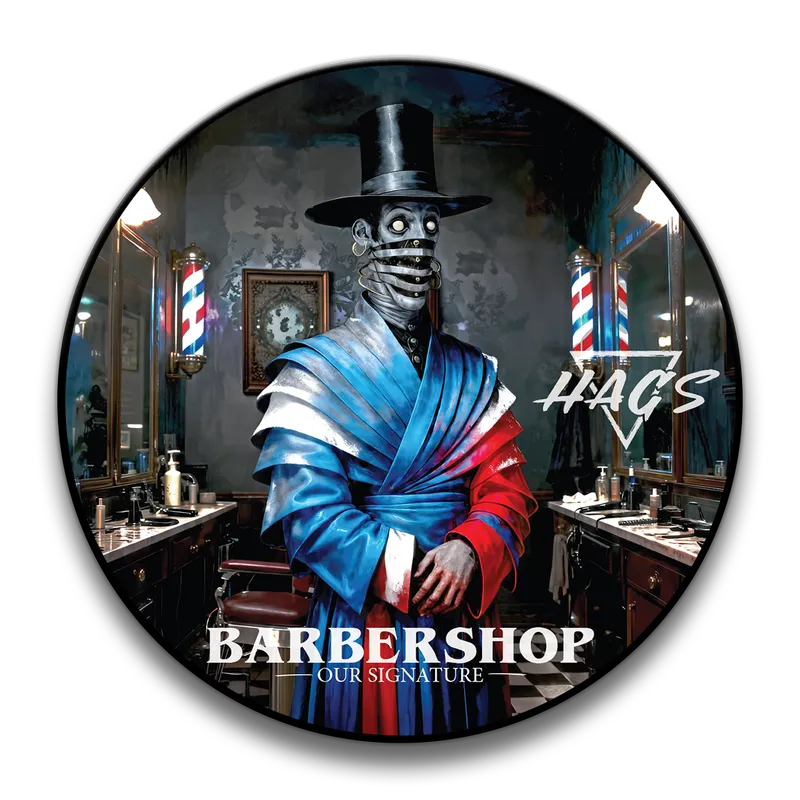 HAGS Barbershop Our Signature shaving soap label, dark old-world barbershop artwork with mirrors and barber poles