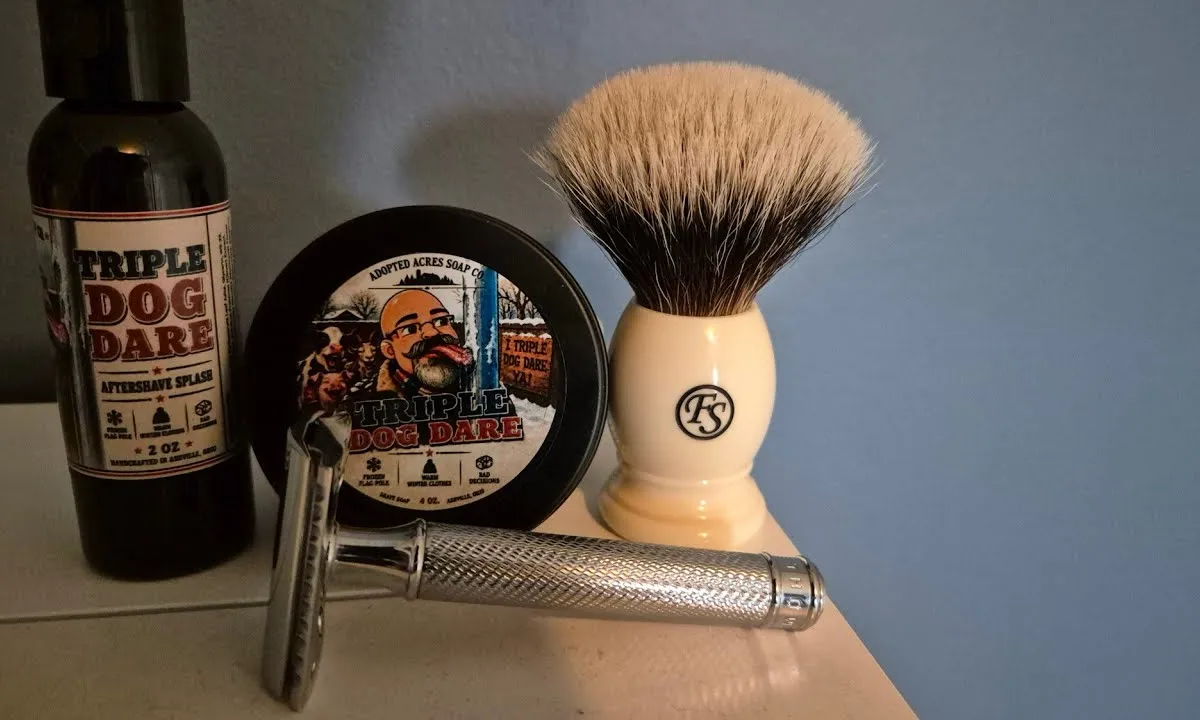 Video thumbnail for a freezing cold shave using Adopted Acres' Triple Dog Dare soap and Bad Boy splash