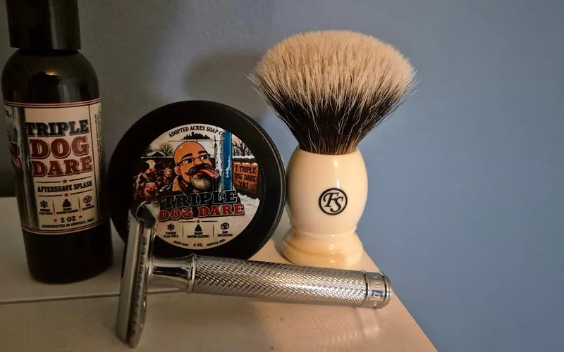 Video thumbnail for a freezing cold shave using Adopted Acres' Triple Dog Dare soap and Bad Boy splash