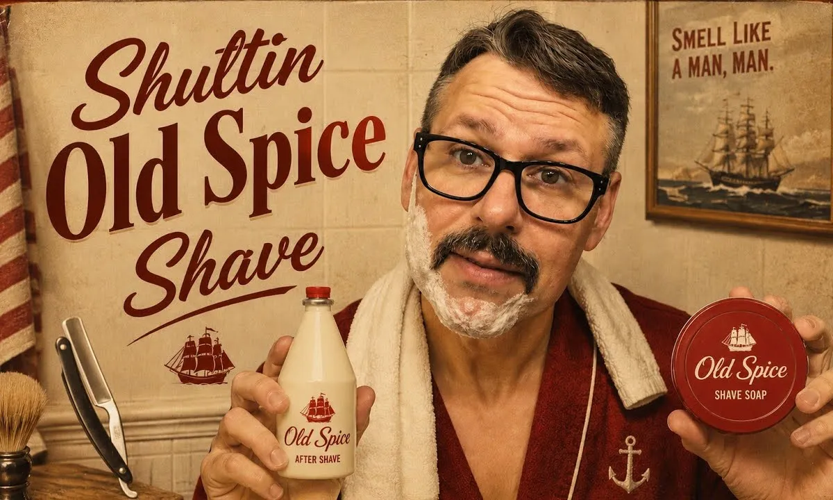 Chad Willingham mid-shave with the Michael Jung 5/8 straight razor and vintage Shulton Old Spice