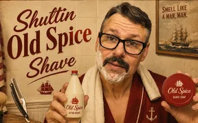 Chad Willingham mid-shave with the Michael Jung 5/8 straight razor and vintage Shulton Old Spice