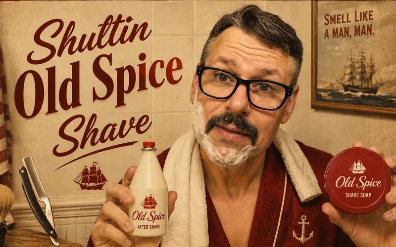 Chad Willingham mid-shave with the Michael Jung 5/8 straight razor and vintage Shulton Old Spice