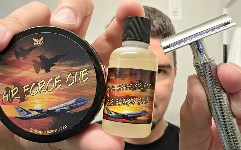 Strike Gold Shave Air Force One soap and splash with Muhle R89 razor - travel shave at Harrison Hot Springs