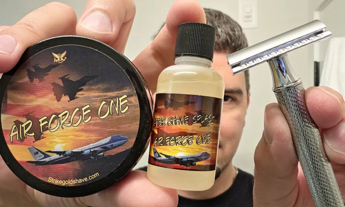 Strike Gold Shave Air Force One soap and splash with Muhle R89 razor - travel shave at Harrison Hot Springs