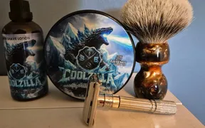 Fred's shaving setup featuring BBS Coolzilla soap and splash, Yaqi Caramel brush, and Gillette Fatboy razor