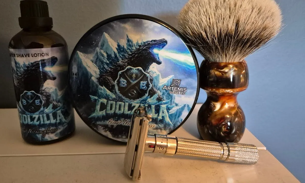 Fred's shaving setup featuring BBS Coolzilla soap and splash, Yaqi Caramel brush, and Gillette Fatboy razor