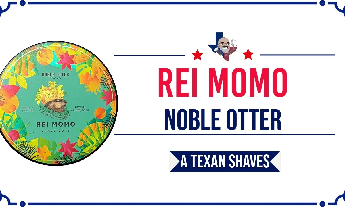 Noble Otter Rei Momo soap and aftershave splash on a shave table