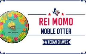 Noble Otter Rei Momo soap and aftershave splash on a shave table