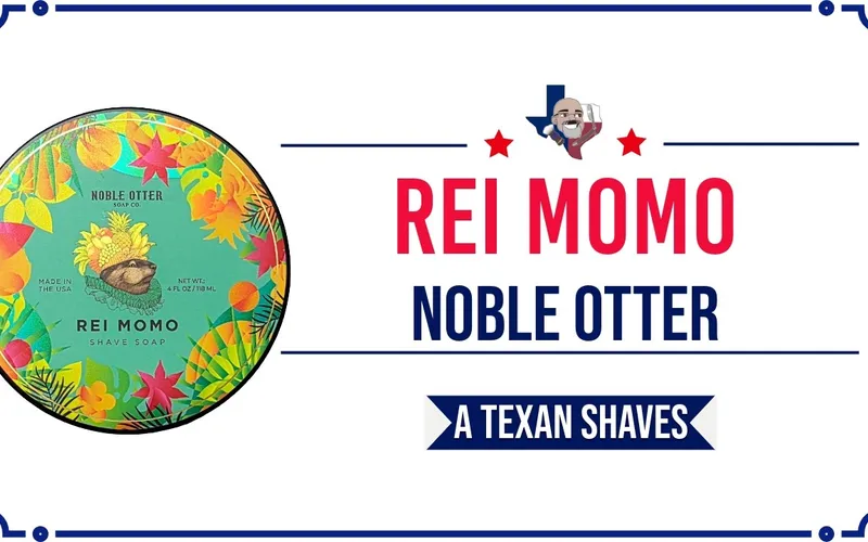 Noble Otter Rei Momo soap and aftershave splash on a shave table