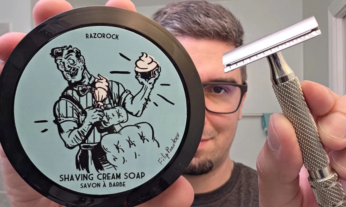 RazoRock GOAT razor beside a tub of Blue Barbershop shaving soap and its matching splash bottle