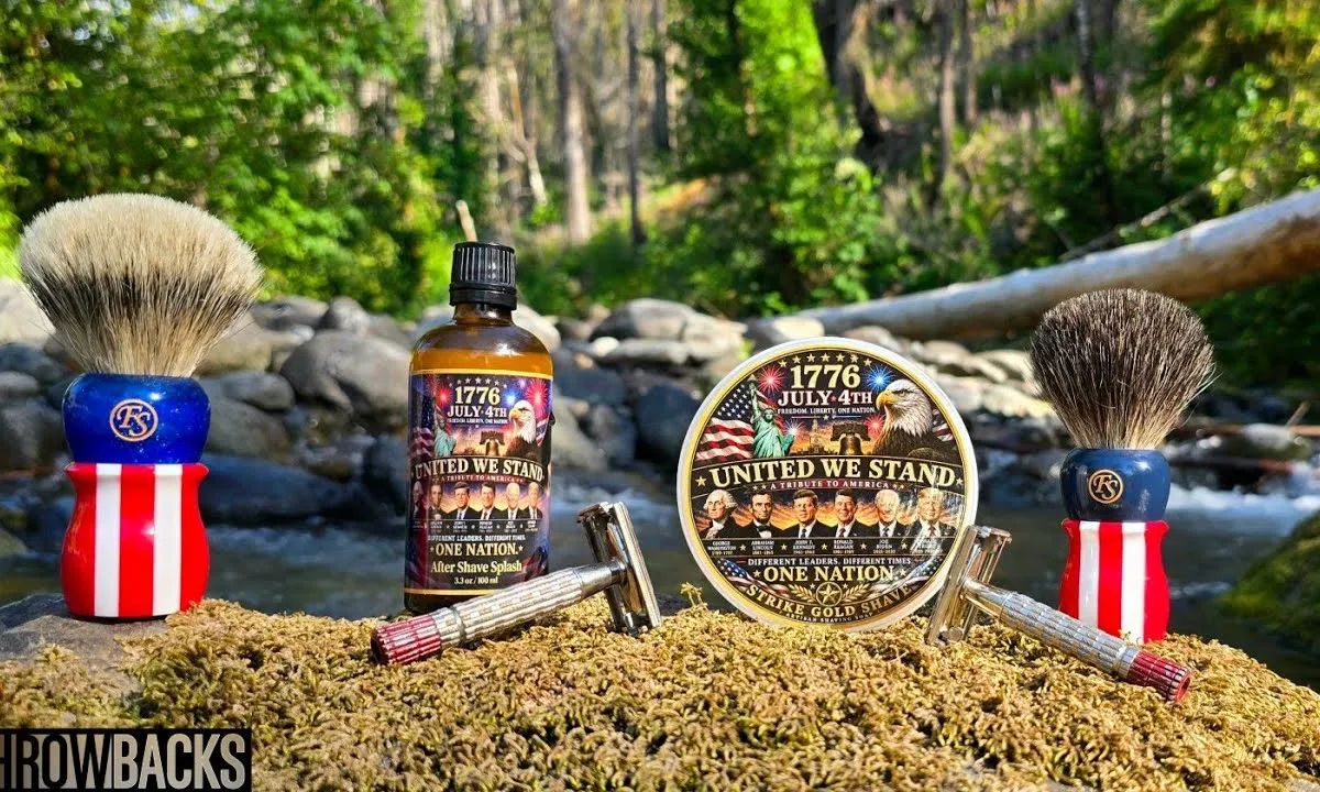 Tobin and Luke shaving outdoors at Portland Creek in Wamut National Forest, Strike Gold Shave United We Stand soap in hand