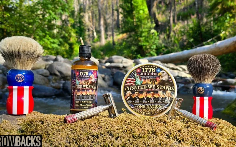 Tobin and Luke shaving outdoors at Portland Creek in Wamut National Forest, Strike Gold Shave United We Stand soap in hand
