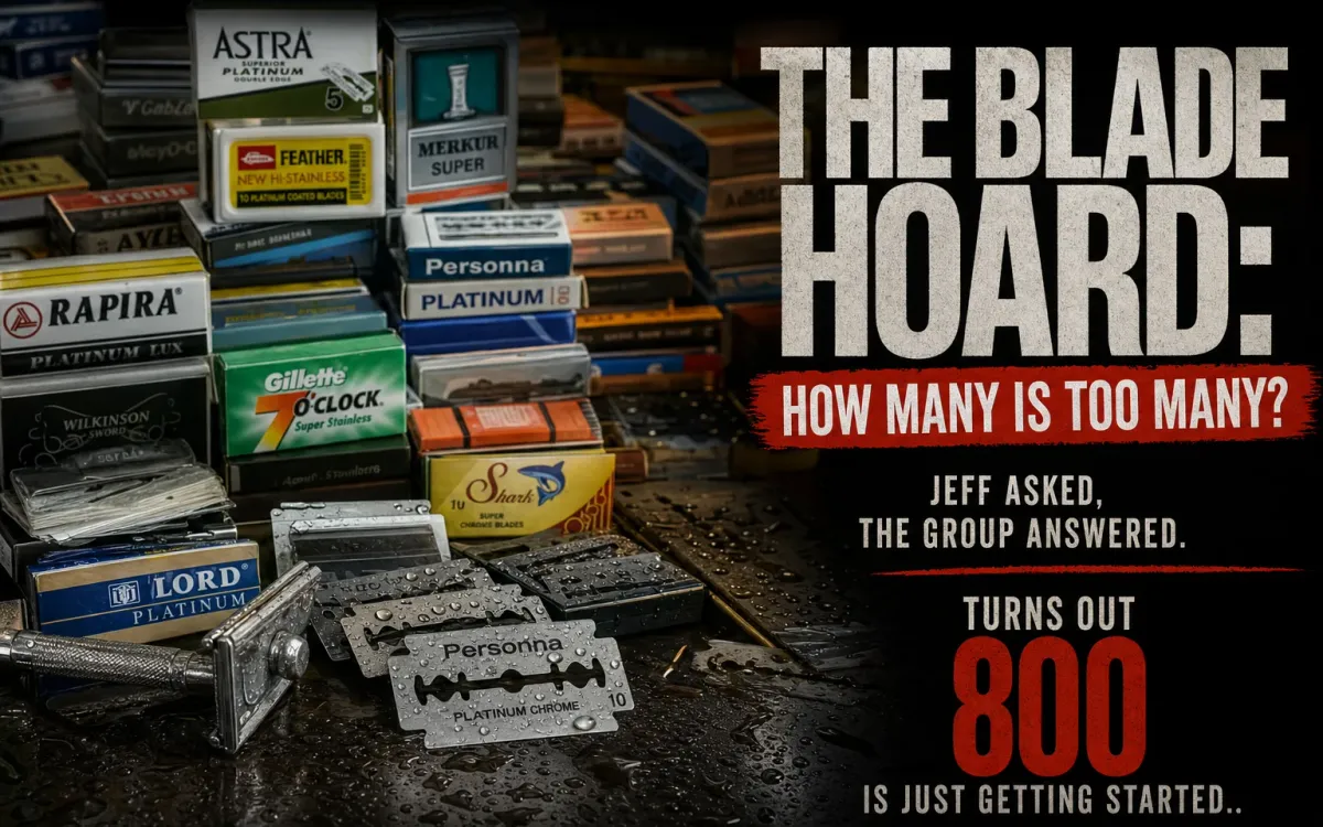 Multiple packs and dispensers of double-edge razor blades arranged to show a wet shaver's blade collection